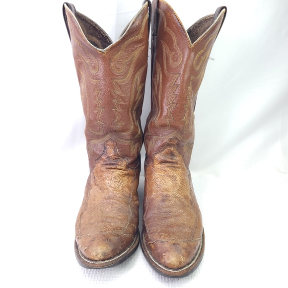 Justin Western Boots Ostrich Quill Snake Brown Leather Pull On Cowboy Shoes 8.5D - Picture 2 of 11
